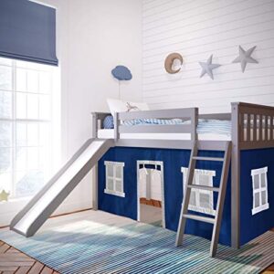 max & lily low loft bed, twin bed frame for kids with slide and curtains for bottom, grey/blue