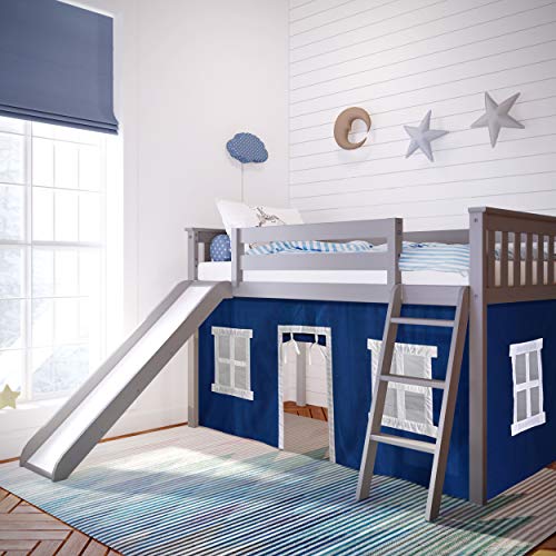 Max & Lily Low Loft Bed, Twin Bed Frame For Kids With Slide and Curtains For Bottom, Grey/Blue