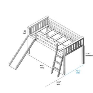 Max & Lily Low Loft Bed, Twin Bed Frame For Kids With Slide and Curtains For Bottom, Grey/Blue