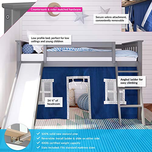 Max & Lily Low Loft Bed, Twin Bed Frame For Kids With Slide and Curtains For Bottom, Grey/Blue