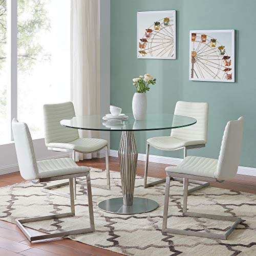 Armen Living Lindsey Contemporary Dining Table in Brushed Stainless Steel Finish and Clear Glass top, silver