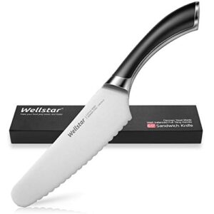 wellstar sandwich knife, 6.5 inch german stainless steel serrated utility knife for bread vegetable meat cutting, butter spreader knife, razor sharp full tang handle multipurpose kitchen knife