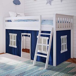 max & lily low loft bed, twin bed frame for kids with curtains for bottom, white/blue