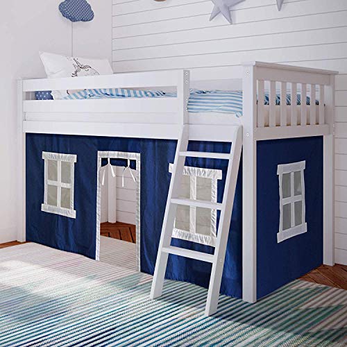 Max & Lily Low Loft Bed, Twin Bed Frame For Kids With Curtains For Bottom, White/Blue