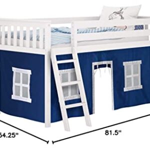 Max & Lily Low Loft Bed, Twin Bed Frame For Kids With Curtains For Bottom, White/Blue