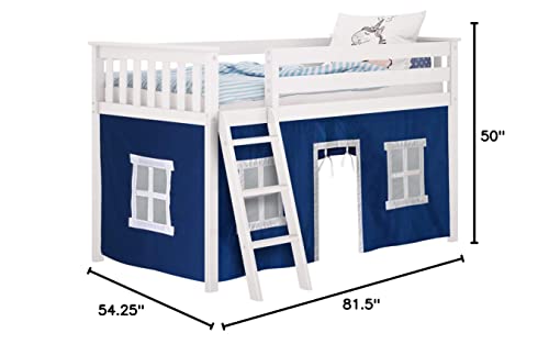 Max & Lily Low Loft Bed, Twin Bed Frame For Kids With Curtains For Bottom, White/Blue