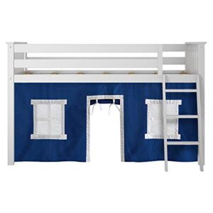 Max & Lily Low Loft Bed, Twin Bed Frame For Kids With Curtains For Bottom, White/Blue