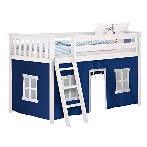 Max & Lily Low Loft Bed, Twin Bed Frame For Kids With Curtains For Bottom, White/Blue