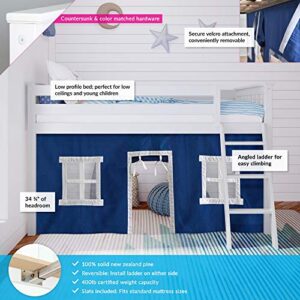 Max & Lily Low Loft Bed, Twin Bed Frame For Kids With Curtains For Bottom, White/Blue