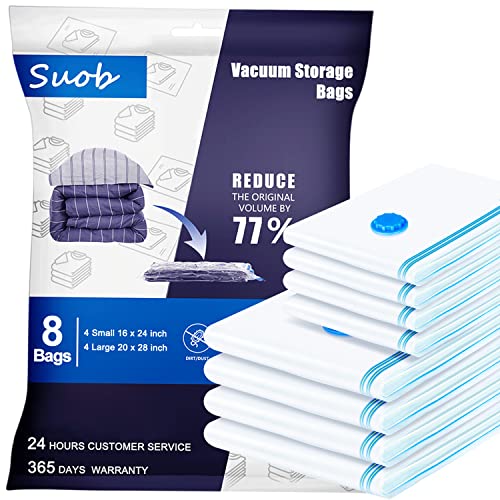 Suob Vacuum Storage Bags - 8 Pack (4 Large + 4 Small) Vacuum Seal Bags for Clothing - Vacuum Sealed Storage Clothes Comforters Blanket - Space Save for Suitcase Closet Vacuum Seal Storage Bags