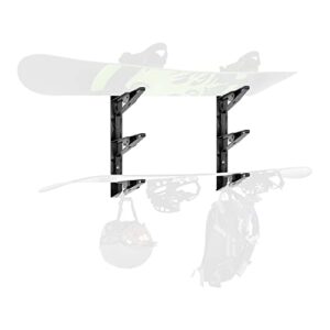 3-tier snowboard and ski rack wall shelf by delta cycle - space saving mounted wall rack with extendable & integrated accessory hooks - convenient & durable storage multisport wall rack