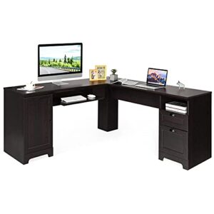 tangkula 66" × 66" l-shaped desk, corner computer desk with drawers keyboard tray and storage cabinet, home office desk, sturdy and space-saving computer workstation