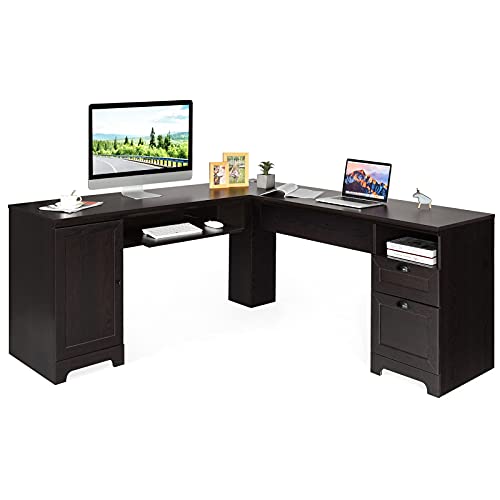 Tangkula 66" × 66" L-Shaped Desk, Corner Computer Desk with Drawers Keyboard Tray and Storage Cabinet, Home Office Desk, Sturdy and Space-Saving Computer Workstation