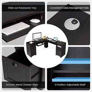 Tangkula 66" × 66" L-Shaped Desk, Corner Computer Desk with Drawers Keyboard Tray and Storage Cabinet, Home Office Desk, Sturdy and Space-Saving Computer Workstation