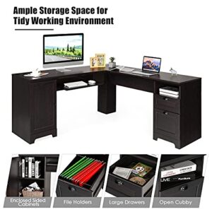 Tangkula 66" × 66" L-Shaped Desk, Corner Computer Desk with Drawers Keyboard Tray and Storage Cabinet, Home Office Desk, Sturdy and Space-Saving Computer Workstation