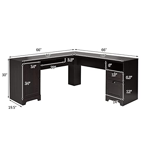 Tangkula 66" × 66" L-Shaped Desk, Corner Computer Desk with Drawers Keyboard Tray and Storage Cabinet, Home Office Desk, Sturdy and Space-Saving Computer Workstation