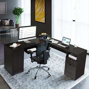 Tangkula 66" × 66" L-Shaped Desk, Corner Computer Desk with Drawers Keyboard Tray and Storage Cabinet, Home Office Desk, Sturdy and Space-Saving Computer Workstation