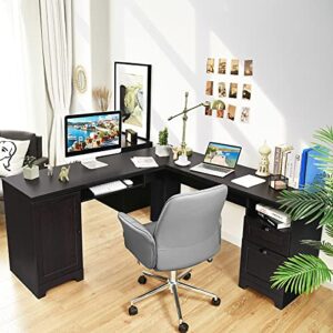 Tangkula 66" × 66" L-Shaped Desk, Corner Computer Desk with Drawers Keyboard Tray and Storage Cabinet, Home Office Desk, Sturdy and Space-Saving Computer Workstation