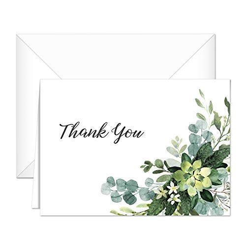 Lush Greenery Thank You Notes / 24 Cards And Envelopes / 4 Green Floral Designs / 4 7/8" x 3 1/2" Thanks Cards/Made In The USA