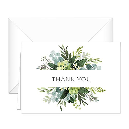 Lush Greenery Thank You Notes / 24 Cards And Envelopes / 4 Green Floral Designs / 4 7/8" x 3 1/2" Thanks Cards/Made In The USA