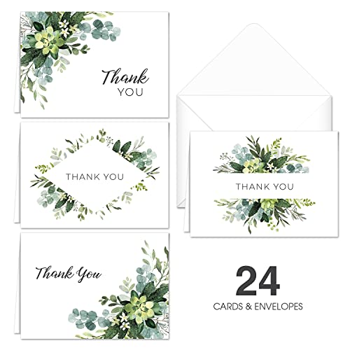 Lush Greenery Thank You Notes / 24 Cards And Envelopes / 4 Green Floral Designs / 4 7/8" x 3 1/2" Thanks Cards/Made In The USA