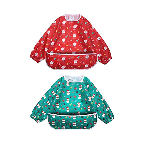 Little Dimsum Full Sleeved Feeding Bib 2 Pack,Baby & Toddler Waterproof Bib Apron,Food Protection Large Pocket Eating Smock 6-48 Months