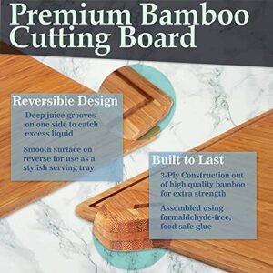 BambooMN Bamboo Burner Cover Cutting Board, 3-Ply, Large, Square - Grooved/Flat (20"x20"x0.75")