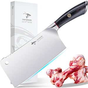 mad shark meat cleaver, professional 7.5 inch bone chopping butcher knife with heavy duty blade, german military grade composite steel, chinese chef's bone cutting knife for home kitchen & restaurant