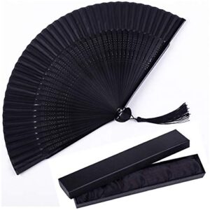 Folding Hand Held Fan, Silk Bamboo Folding Fans Wooden Handheld Folded Fan with Gift Boxed Oriental Handmade for DIY Wall Decoration Wedding Party Favor Women Man Dancing Show Props