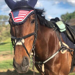 american usa flag horse bonnet with ears net fly veil mask hood crochet cotton hand made breathable full size stretchable ears equestrians tack shows (full/horse)
