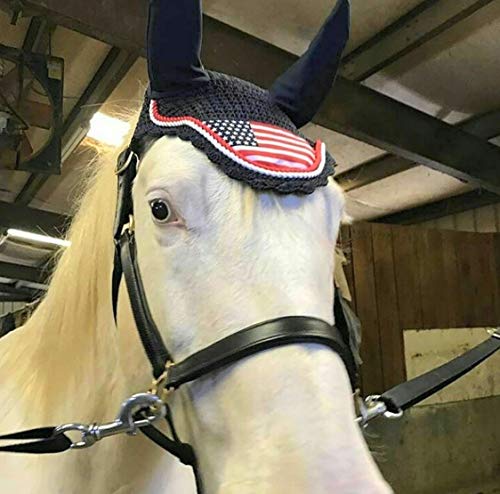 American USA Flag Horse Bonnet with Ears NET Fly Veil MASK Hood Crochet Cotton Hand Made Breathable Full Size Stretchable Ears Equestrians TACK Shows (Full/Horse)