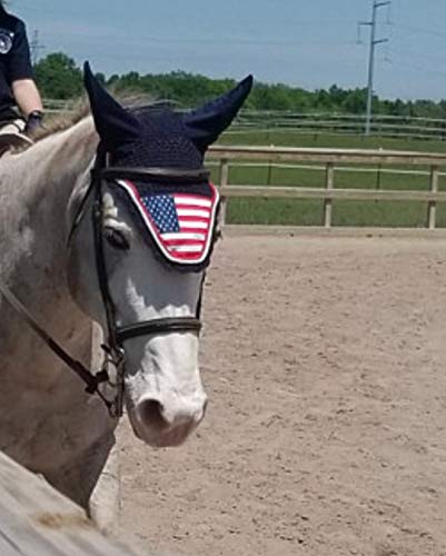 American USA Flag Horse Bonnet with Ears NET Fly Veil MASK Hood Crochet Cotton Hand Made Breathable Full Size Stretchable Ears Equestrians TACK Shows (Full/Horse)