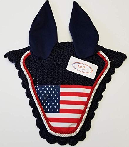 American USA Flag Horse Bonnet with Ears NET Fly Veil MASK Hood Crochet Cotton Hand Made Breathable Full Size Stretchable Ears Equestrians TACK Shows (Full/Horse)