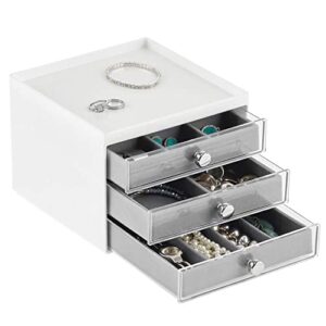 mdesign plastic 3-drawer jewelry organizer box for storage on dresser, vanity, countertop - holds earrings, bracelets, necklaces, bangles, rings - white/gray