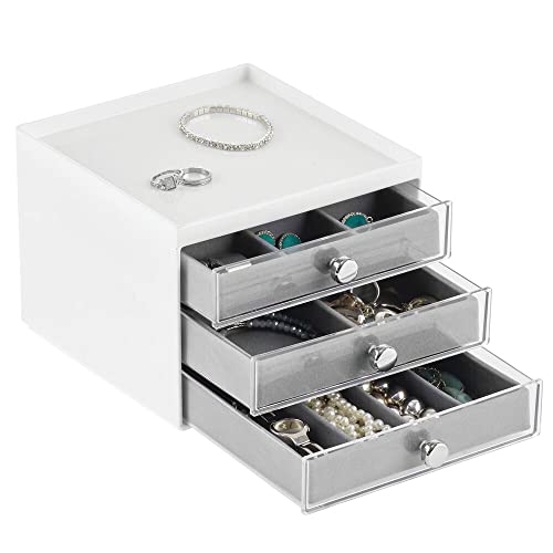 mDesign Plastic 3-Drawer Jewelry Organizer Box for Storage on Dresser, Vanity, Countertop - Holds Earrings, Bracelets, Necklaces, Bangles, Rings - White/Gray