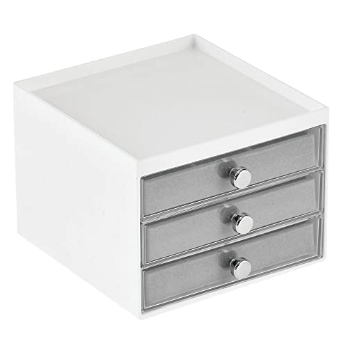 mDesign Plastic 3-Drawer Jewelry Organizer Box for Storage on Dresser, Vanity, Countertop - Holds Earrings, Bracelets, Necklaces, Bangles, Rings - White/Gray