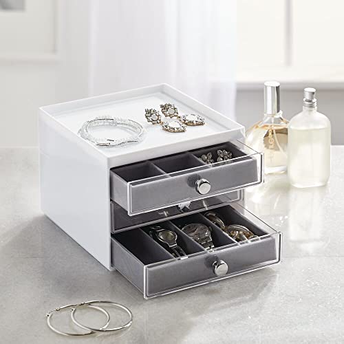 mDesign Plastic 3-Drawer Jewelry Organizer Box for Storage on Dresser, Vanity, Countertop - Holds Earrings, Bracelets, Necklaces, Bangles, Rings - White/Gray