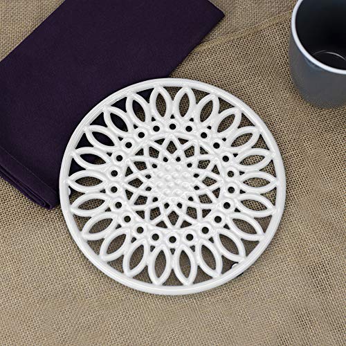 Home Basics Sunflower Collection, Heavy Duty Cast Iron Trivet, Elevated Base Kitchen Countertop & Dinning Room Table, (3, White)