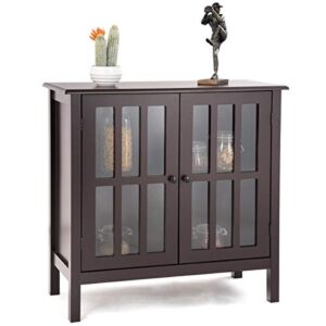 Tangkula Sideboard Buffet Storage Cabinet, Kitchen Storage Cabinet with 2 Glass Doors, Liquor Cabinet for Home Kitchen Dining Room, Cupboard Console Table, Curio Cabinet (Coffee)