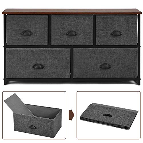 Giantex Dresser Storage Tower W/ 5 Foldable Cloth Storage Cubes,Wood Top Easy Pull Removable Fabric Bins, Organizer Unit 39.5’’(L)X12’’(W)X21’’(H) for Bedroom, Closet, Hallway, Nursery Room(Black)