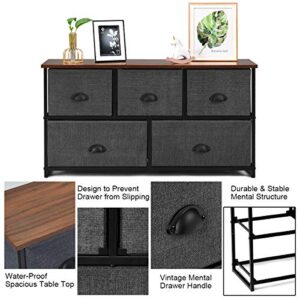 Giantex Dresser Storage Tower W/ 5 Foldable Cloth Storage Cubes,Wood Top Easy Pull Removable Fabric Bins, Organizer Unit 39.5’’(L)X12’’(W)X21’’(H) for Bedroom, Closet, Hallway, Nursery Room(Black)