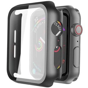 misxi 2 pack hard pc case with tempered glass screen protector compatible with apple watch series 6 se series 5 series 4 44mm, black