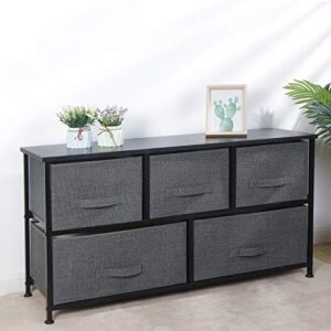 SUPER DEAL 5 Drawer Fabric Dresser Chests of Drawers, Wide Storage Tower Heavy Duty Steel Frame, Wood Top, Kids Toys Organizer Unit for Bedroom Livingroom Closet Nursery Hallway, Dark Grey