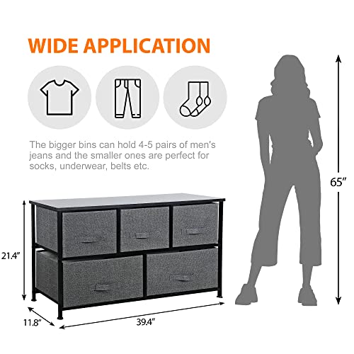 SUPER DEAL 5 Drawer Fabric Dresser Chests of Drawers, Wide Storage Tower Heavy Duty Steel Frame, Wood Top, Kids Toys Organizer Unit for Bedroom Livingroom Closet Nursery Hallway, Dark Grey