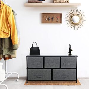 SUPER DEAL 5 Drawer Fabric Dresser Chests of Drawers, Wide Storage Tower Heavy Duty Steel Frame, Wood Top, Kids Toys Organizer Unit for Bedroom Livingroom Closet Nursery Hallway, Dark Grey