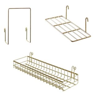 friade gold grid basket with hooks,bookshelf,display shelf for wall grid panel,wall mount organizer and storage shelf rack for home supplies,1 set of 3 (gold)