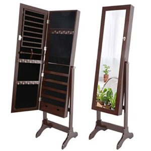 super deal 2in1 free standing jewelry cabinet lockable full-length mirrored jewelry armoire with 5 shelves large storage capacity organizer, 4 angles adjustable (brown)