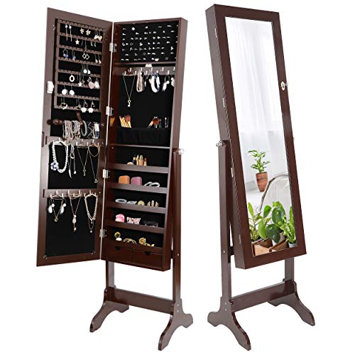 SUPER DEAL 2in1 Free Standing Jewelry Cabinet Lockable Full-Length Mirrored Jewelry Armoire with 5 Shelves Large Storage Capacity Organizer, 4 Angles Adjustable (Brown)