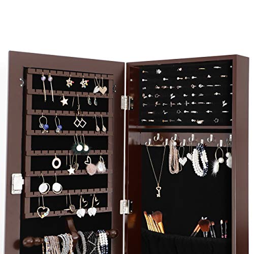 SUPER DEAL 2in1 Free Standing Jewelry Cabinet Lockable Full-Length Mirrored Jewelry Armoire with 5 Shelves Large Storage Capacity Organizer, 4 Angles Adjustable (Brown)