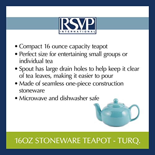 RSVP International Stoneware Teapot Collection, Microwave and Dishwasher Safe, 16 oz, Turquoise